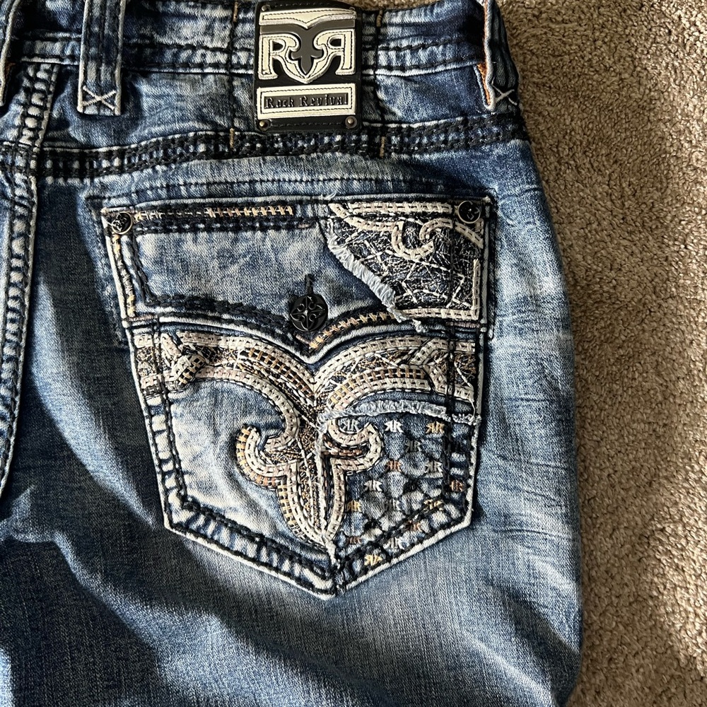 Rock Revival Distressed Blue Jeans with Embroidery
